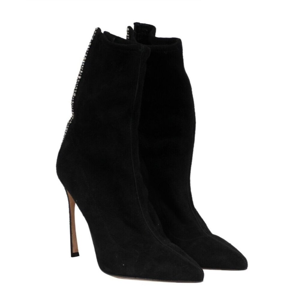 Sergio Rossi Women Tuxedo Crystal Booties US 7 EU 37 Black Suede Embellished 110